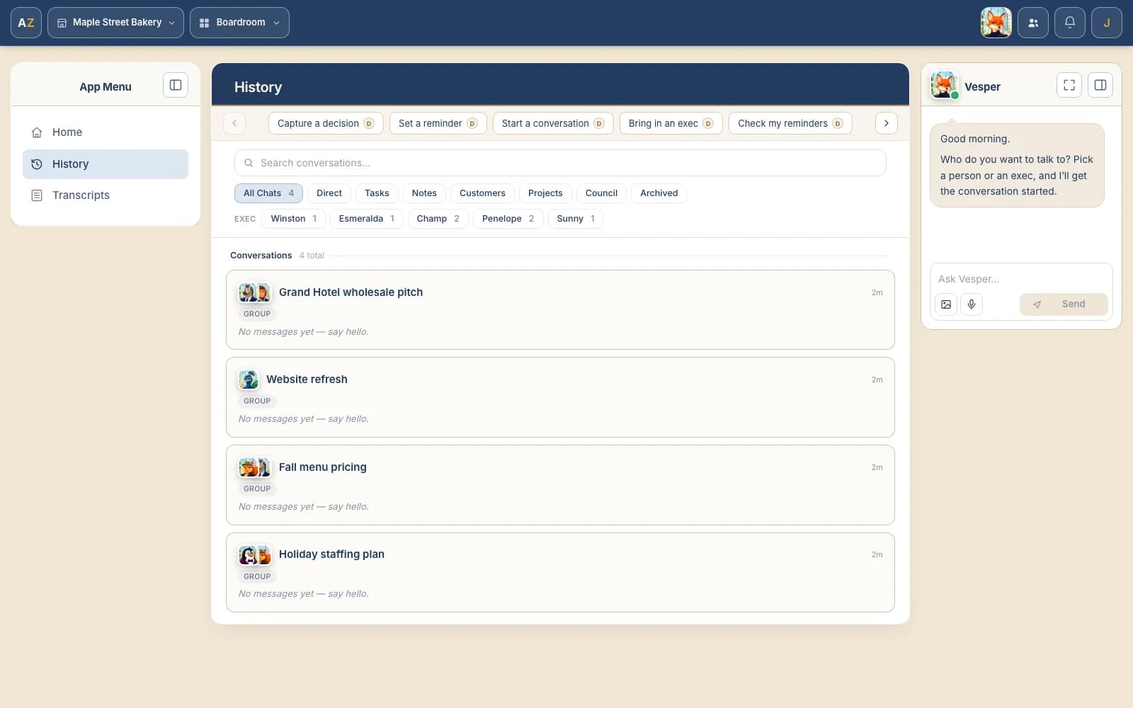 The History page: filters for every kind of conversation and every exec, and four group rooms listed with their execs' faces