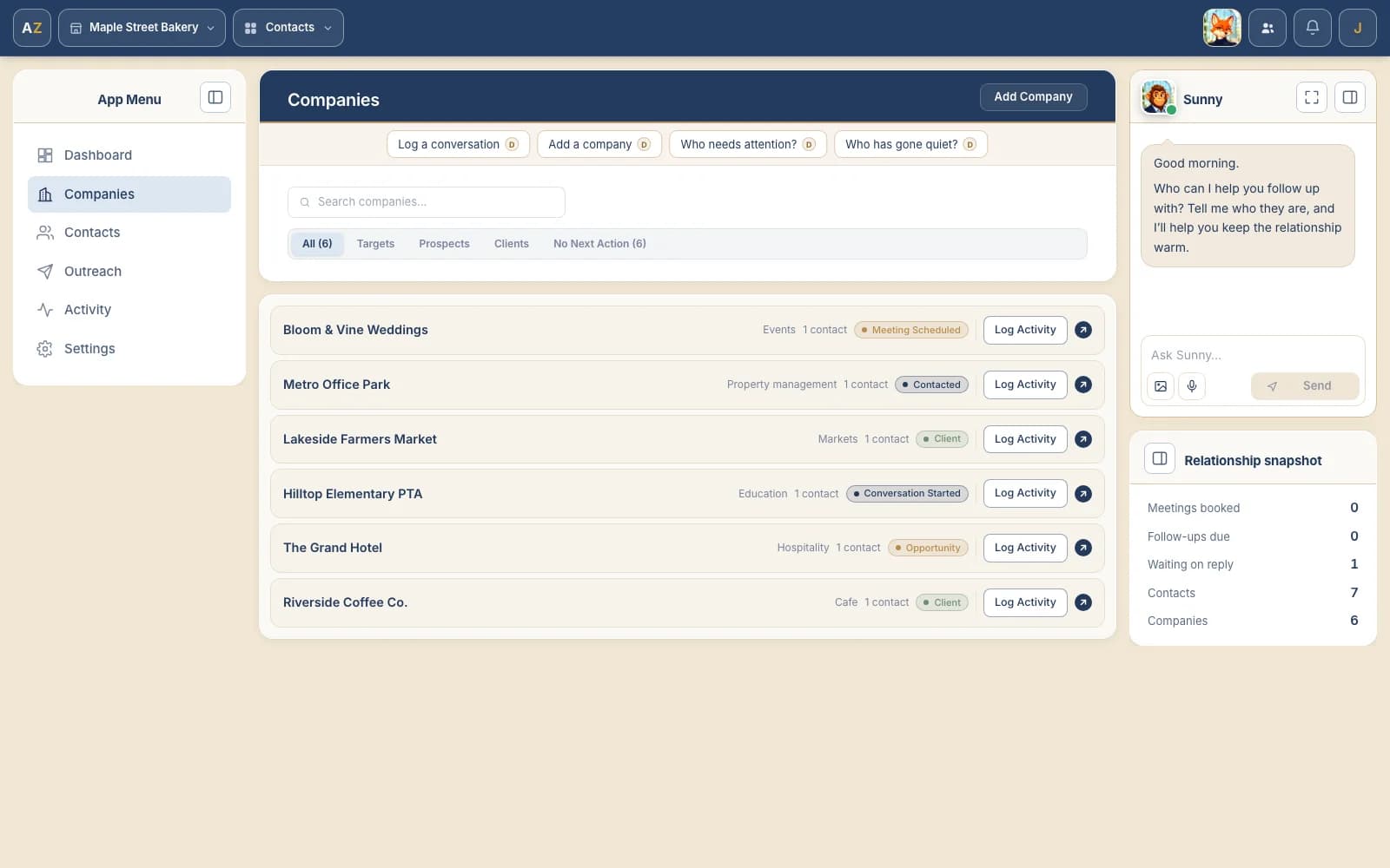 The Companies page: six companies with their industry, contact count and status pill, and the Relationship snapshot in the right rail