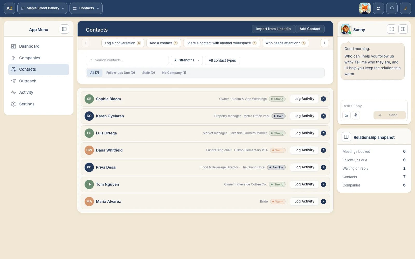 The Contacts page for a small bakery: seven people with their role, company and relationship strength, a Log Activity button on each row, and Sunny's console in the right rail