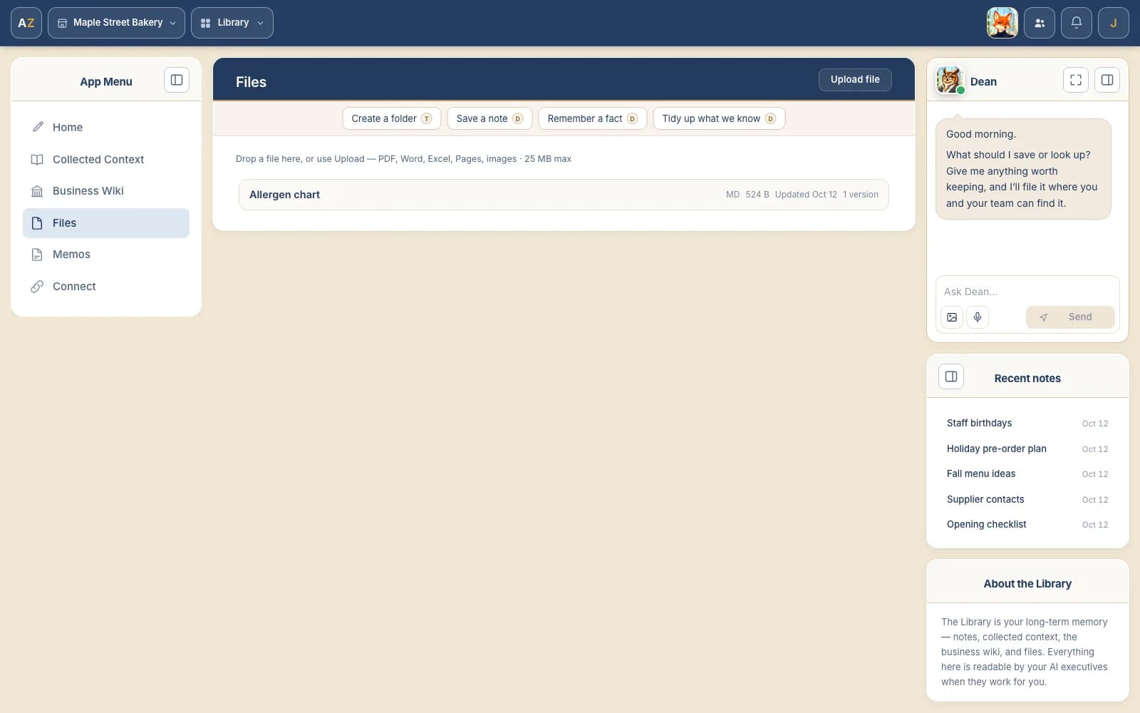 The Files page: an uploaded allergen chart with its size, date and version count, the recent notes list and the About the Library note in the right rail
