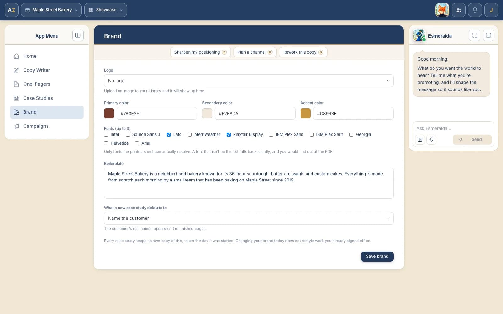 The Brand page: primary, secondary and accent color fields, the font checklist, and the boilerplate paragraph for a neighborhood bakery