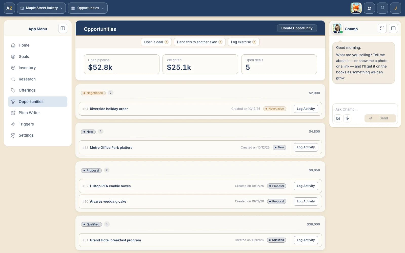 The Opportunities page for a small bakery: open pipeline, weighted and open-deal tiles, then five opportunities grouped by stage from Negotiation to Qualified