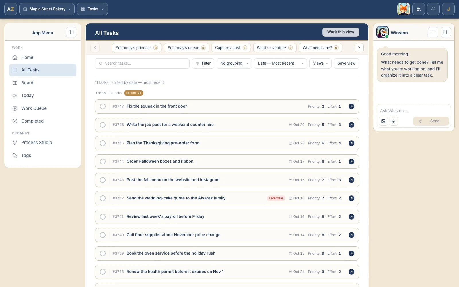 The All Tasks page for the same bakery: the left menu of views, the task list with one overdue item flagged, and the page toolbar above it
