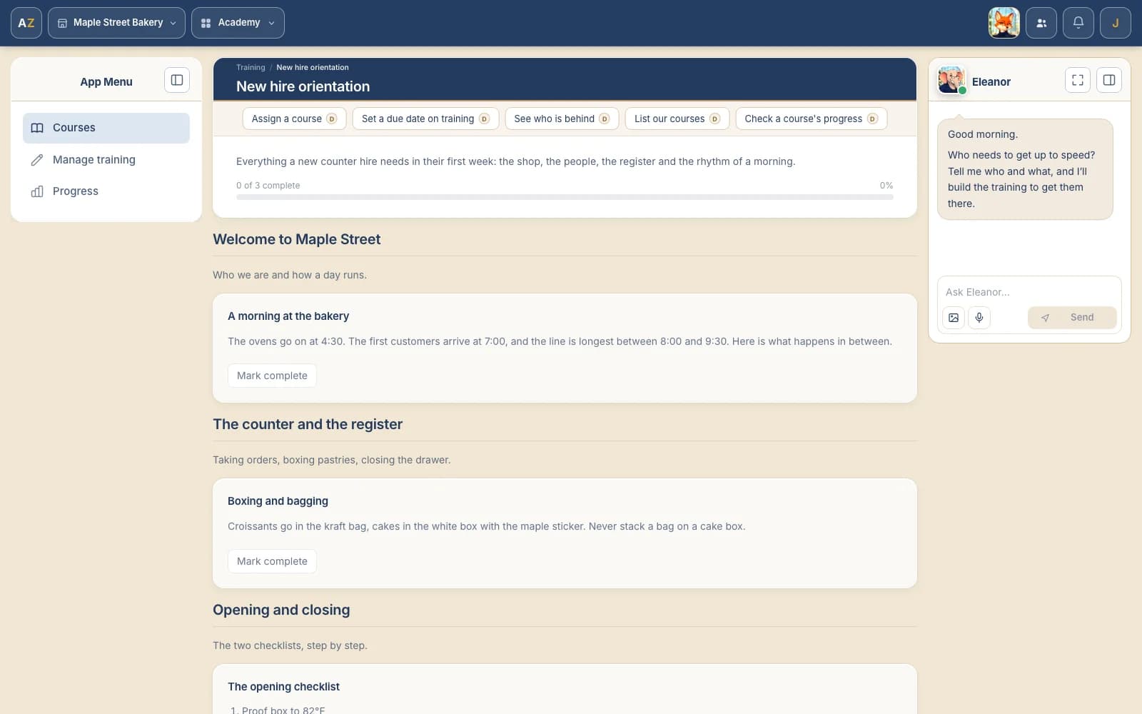 The New hire orientation course for a small bakery: its description and progress bar, then the Welcome, Counter and Opening modules with a Mark complete button on each material
