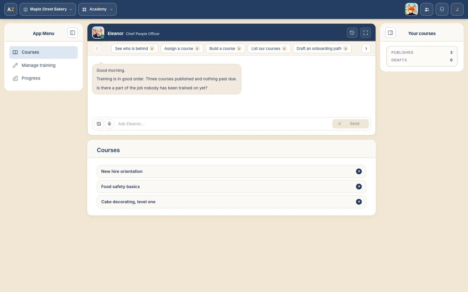 The Academy home: Eleanor's console at the top and the three published courses listed below it
