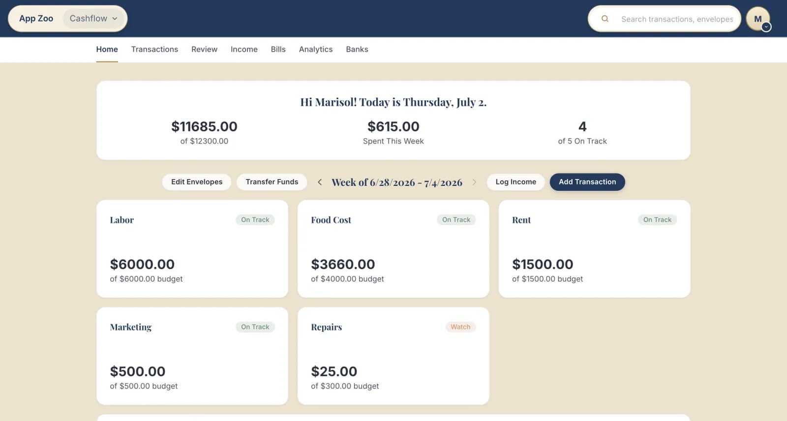 Cashflow screenshot: envelope cards for Labor, Food Cost, Rent, Marketing, and Repairs with weekly budgets and on-track status.