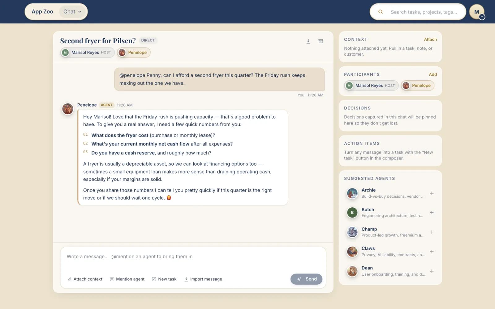 Real Chat screenshot: a restaurant owner asks Penny, App Zoo's finance specialist, whether they can afford a second fryer, and Penny replies asking for the three numbers that matter.
