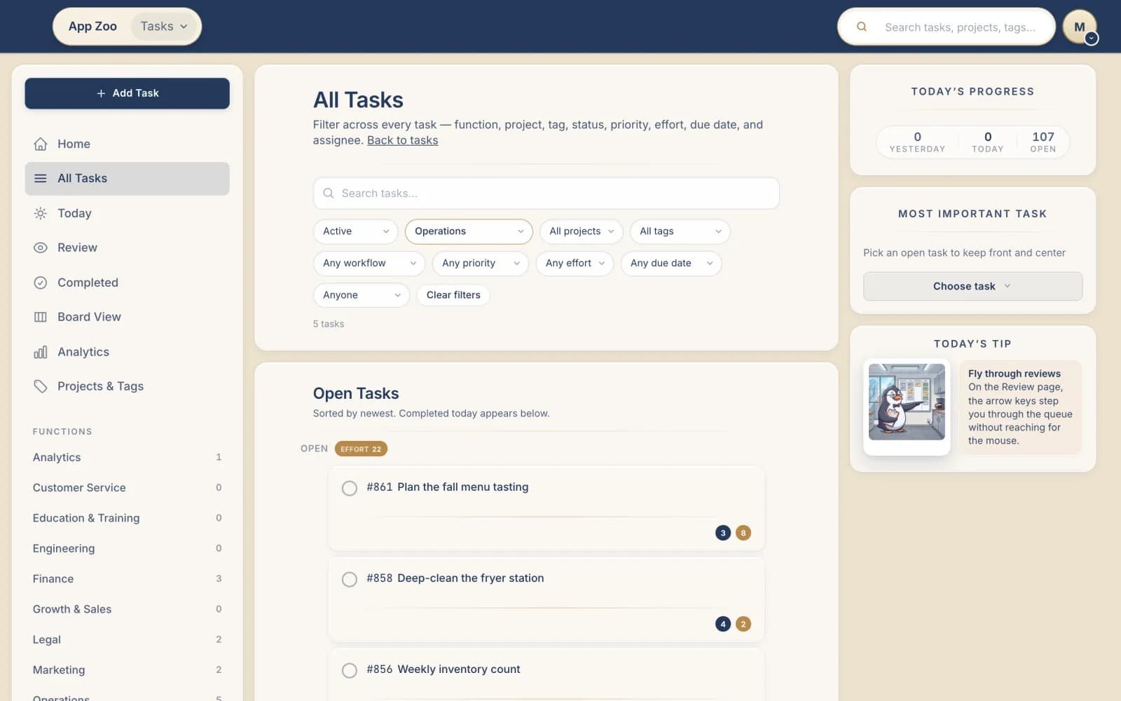 Tasks screenshot: an operations list with restaurant tasks including planning a fall menu tasting, deep-cleaning the fryer station, and a weekly inventory count.