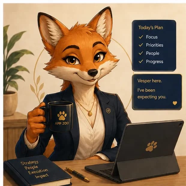 Vesper, your AI Chief of Staff, at her desk with the day's plan on screen