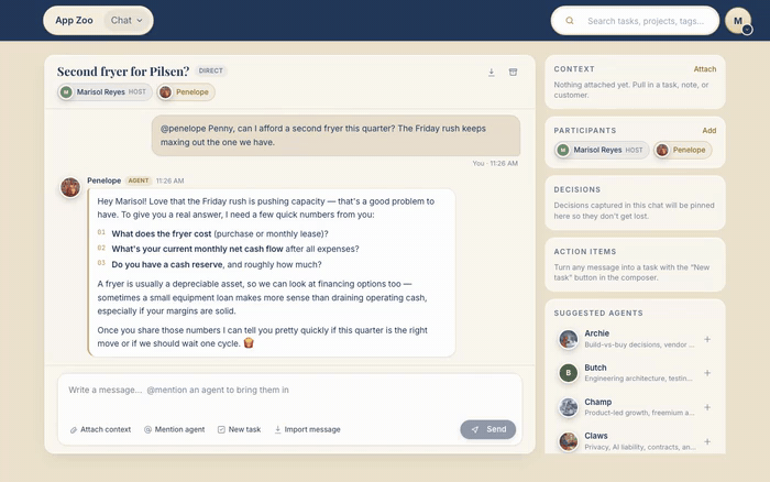 Animated recording of the fryer conversation: the owner mentions Penny in the Chat app, sends the numbers, and Penny replies with a recommendation.