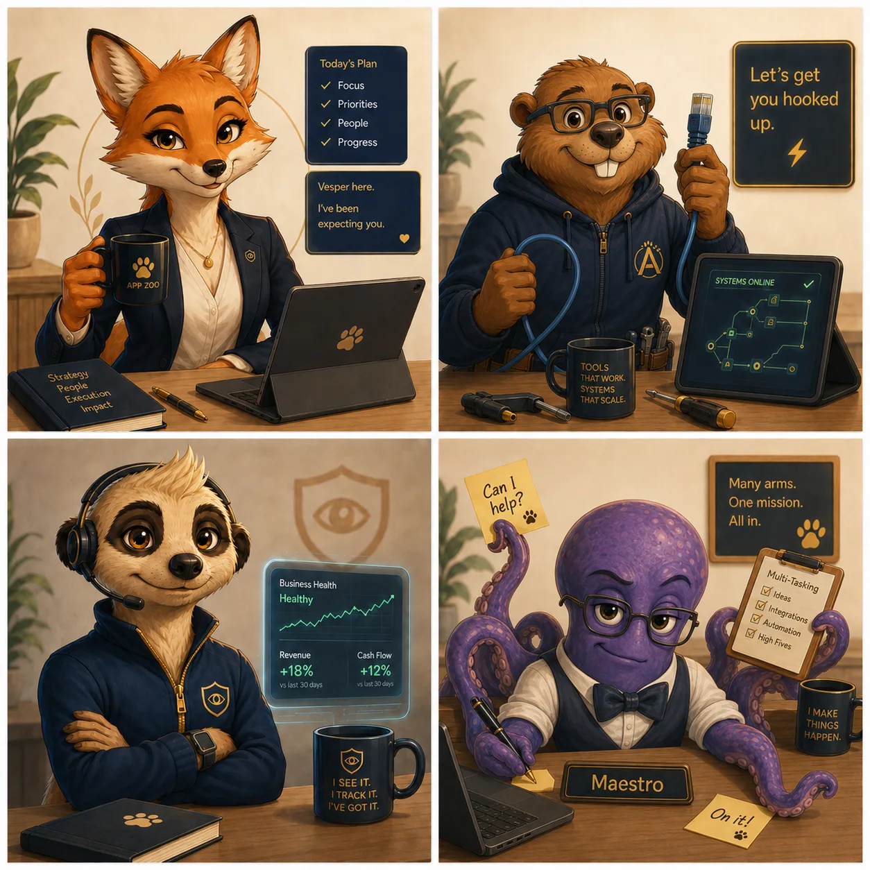 Four App Zoo specialists at work: Vesper reviewing today's plan over coffee, Archie holding a network cable with systems online, Radar watching healthy business numbers, and Maestro juggling a task list with all eight arms