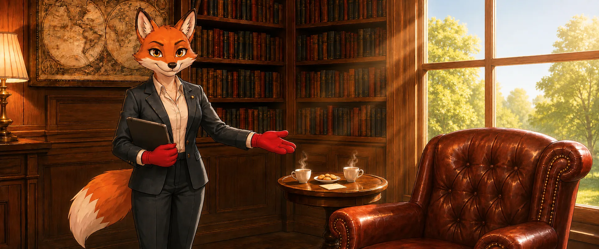 Vesper, App Zoo's Chief of Staff, in a sunlit wood-paneled study, waving you over to an armchair with tea for two on the table